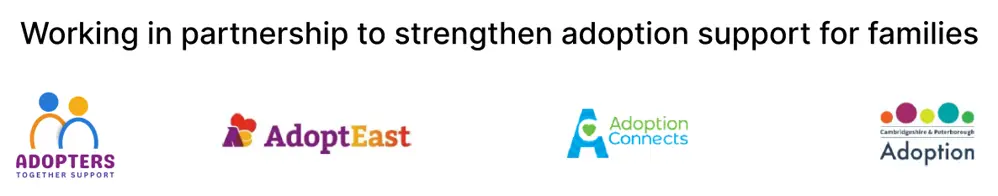Adopt East, Adoption Connects, Adopters Together Support and Cambridgeshire and Peterborough Adoption logos